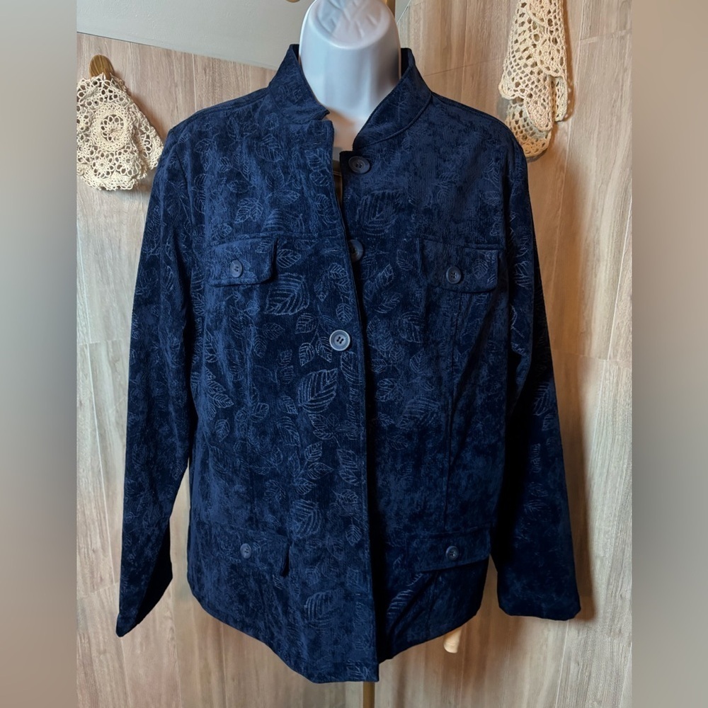 Breckenridge Womens Navy Teal Leaf Pattern Corduroy Jacket Blazer
